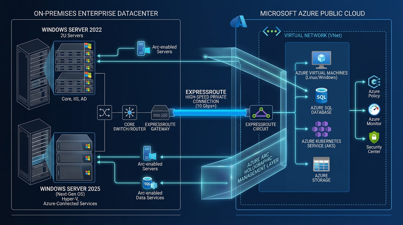 Enterprise Hybrid Cloud Architecture: On-Premises Windows Server Bridged to Microsoft Azure via ExpressRoute and Azure Arc