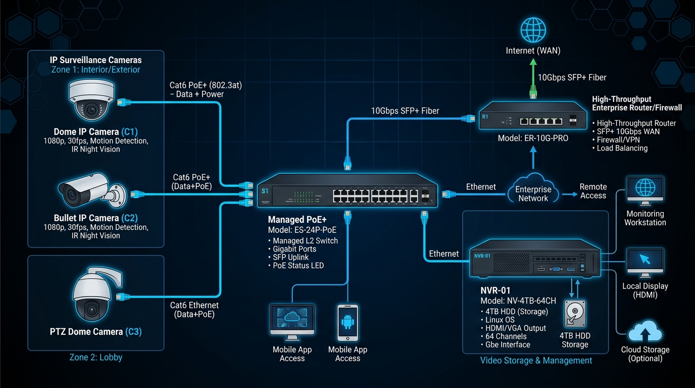 Enterprise IP Camera and Network Video Recorder (NVR) Surveillance Architecture over PoE Switch