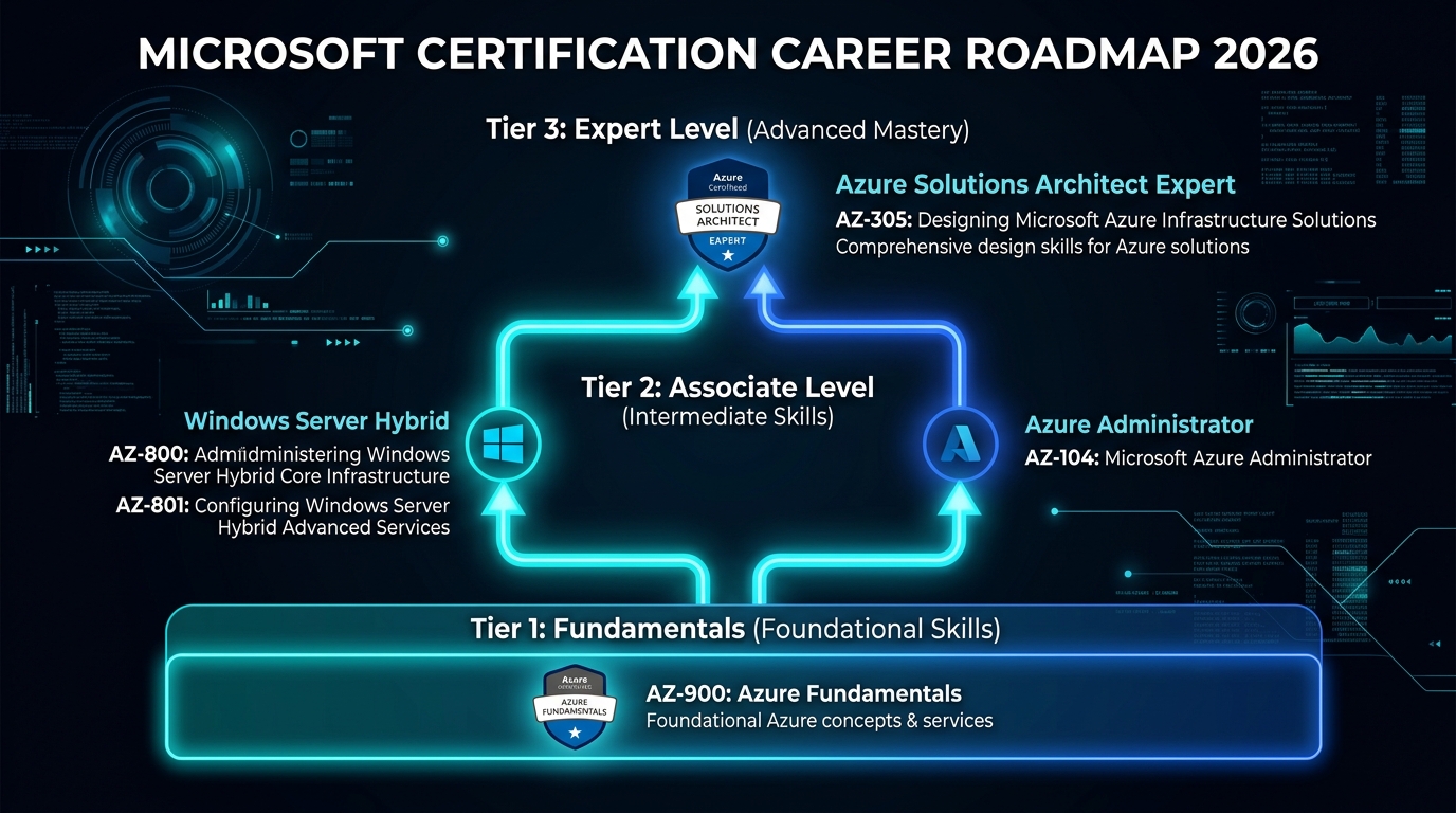 Microsoft Certification Career Roadmap 2026: From Fundamentals to Hybrid Associate (AZ-800, AZ-801, AZ-104) to Solutions Architect Expert (AZ-305)