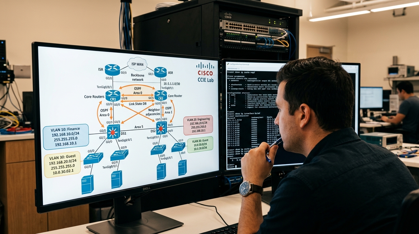 Hands-on CCNA lab course network topology diagram with multi-area OSPF and VLAN routing