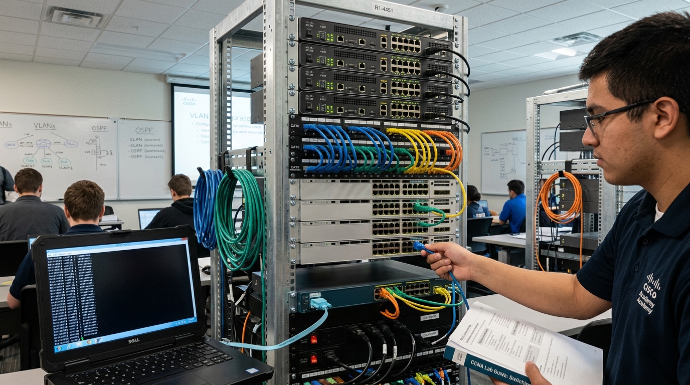 Physical Cisco rack equipment and student workstation in Nemcon Systems CCNA training lab