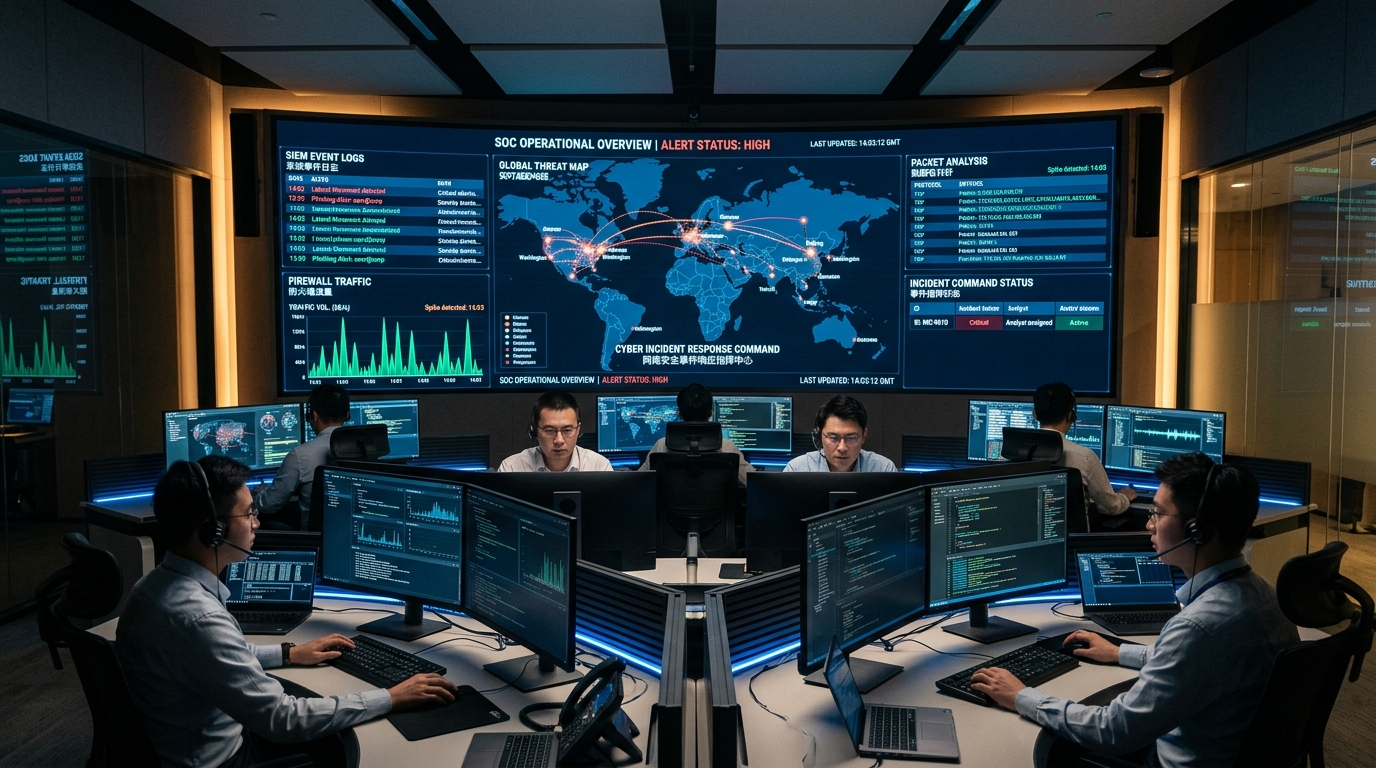 Cyber defense operations center showing SIEM log analysis and network threat monitoring at Nemcon Systems