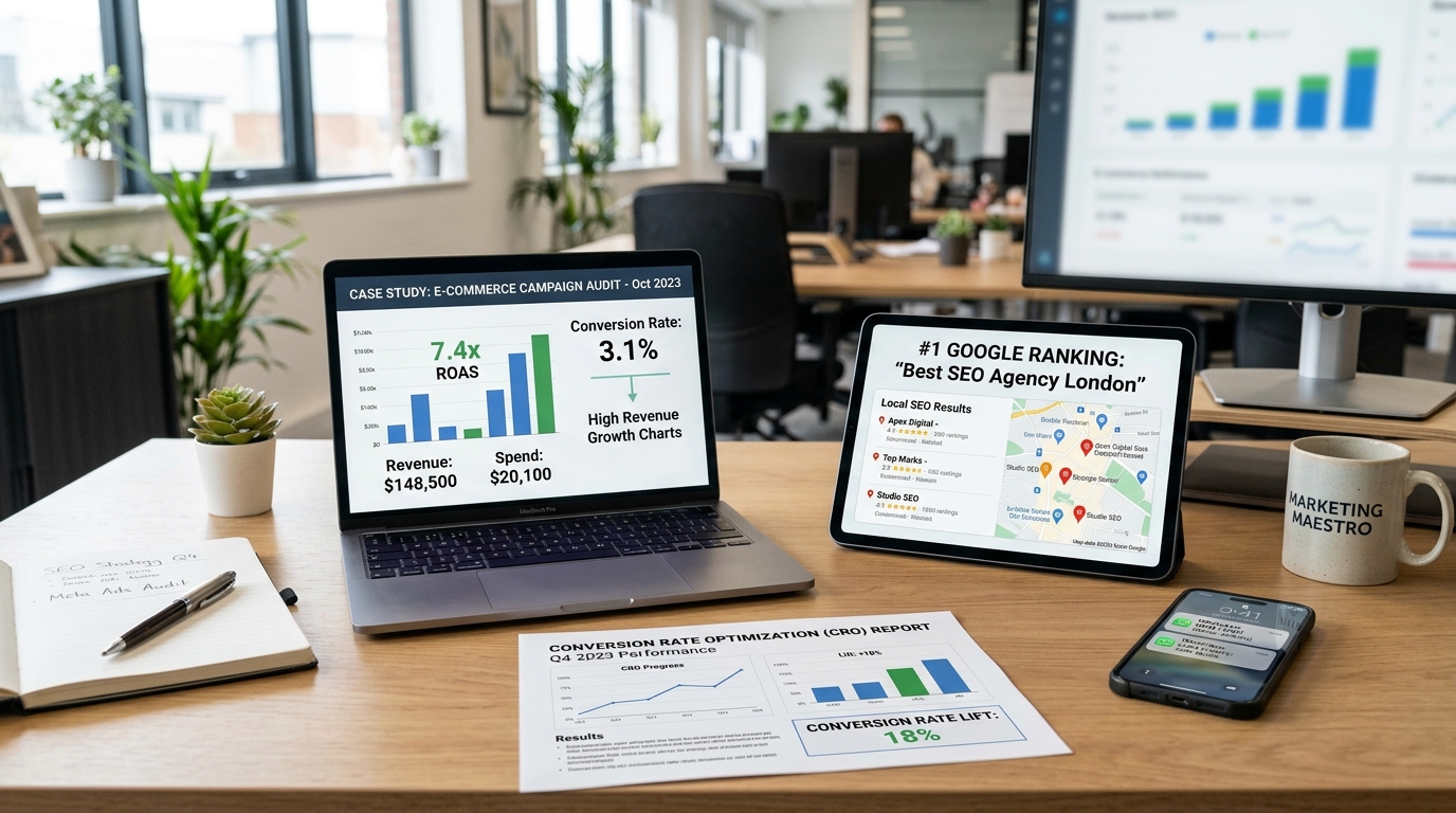 Real performance marketing deliverables showing e-commerce Meta Ads ROI audit, Google #1 ranking, and CRO lift created by Nemcon Systems students