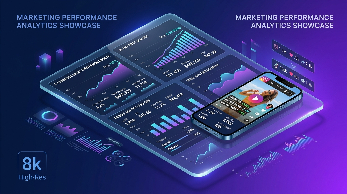 Digital marketing campaign results showcase displaying e-commerce sales conversion growth and 30-day ROAS scaling at Nemcon Systems