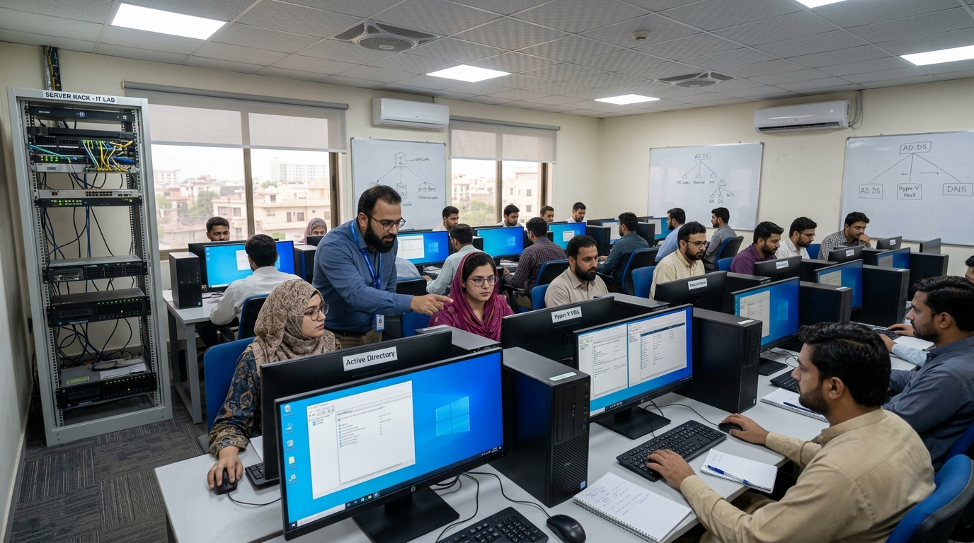 Students performing Active Directory and Hyper-V configuration at Nemcon Systems Lahore